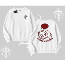 Not Lazy Saving My Spirit Kedi Baskılı Biskilet Sweatshirt