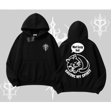 Not Lazy Saving My Spirit Kedi Baskılı Kapşonlu Sweatshirt