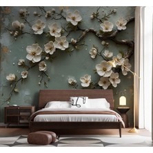 Grown Mint Yeşili Zemin Üzerine Beyaz Çiçekli Duvar Kağıdı