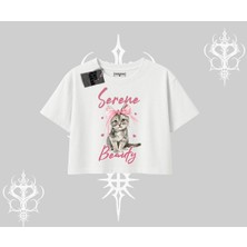 Serene Beauty Kedi Baskılı  Oversize Crop Tshirt