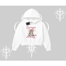 Serene Beauty Kedi Baskılı  Kapşonlu Crop Sweatshirt