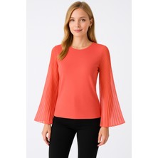 Mamayaga Kadın Nar Çiçeği Turuncu Kolları Tül Detaylı Büyük Beden Şık Bluz