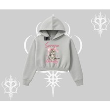 Serene Beauty Kedi Baskılı  Kapşonlu Crop Sweatshirt