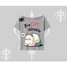 Paws Off Yazılı Kedi Baskılı Streetwear Kayık Yaka Tshirt