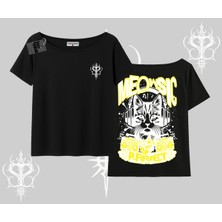 Meowsic Purrfect Kedi Arka Baskılı Kayık Yaka Tshirt