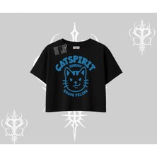 Catspirit Sunday Brave Feline Yazılı Kedi Baskılı Oversize Crop Tshirt