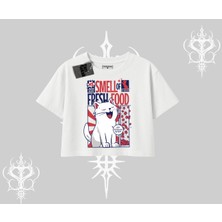 Smell Of Fresh Food Kedi Baskılı Oversize Crop Tshirt