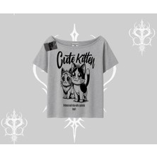 Cute Kitten Yazılı Sevimli Kedi Baskılı Kayık Yaka Tshirt