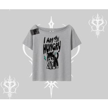 Am Hungry Kedi Baskılı Kayık Yaka Tshirt