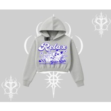 Relax Kedi Baskılı Kapşonlu Crop Sweatshirt