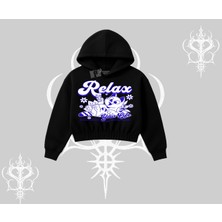 Relax Kedi Baskılı Kapşonlu Crop Sweatshirt