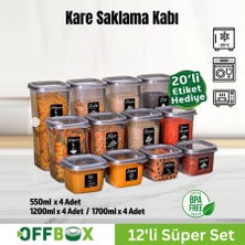 Offbox Kare Bakliyat Baharat Gıda Saklama Kabı - 3 Çeşit - 12 Adet