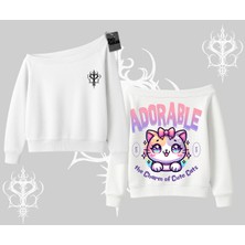 Adorable Kawaii Kedi Arka Baskılı Kayık Yaka Sweatshirt
