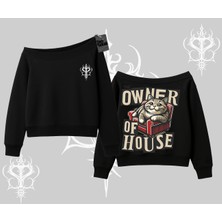 The Owner Of House Kedi Arka Baskılı Kayık Yaka Sweatshirt