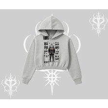 Dream Big Yazılı Takım Elbiseli Kedi Baskılı Kapşonlu Crop Sweatshirt
