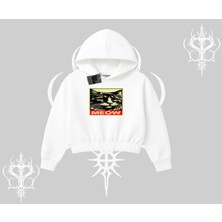 Meow Yazılı Kedi Portre Baskılı Kapşonlu Crop Sweatshirt