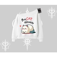 Paws Off Yazılı Kedi Baskılı Streetwear Kapşonlu Crop Sweatshirt