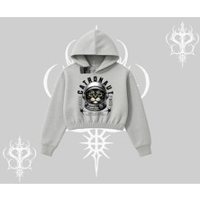 Stay Cool Kedi Baskılı Kapşonlu Crop Sweatshirt