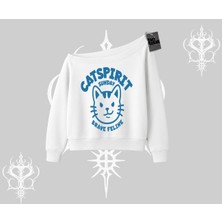 Catspirit Sunday Brave Feline Yazılı Kedi Baskılı Kayık Yaka Sweatshirt
