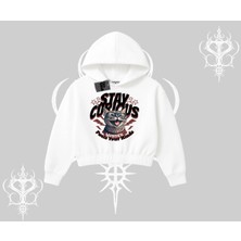Stay Curious Kedi Baskılı Kapşonlu Crop Sweatshirt