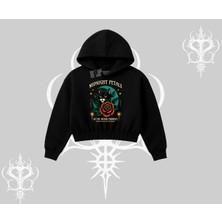 Midnight Petals Kedi Baskılı Kapşonlu Crop Sweatshirt