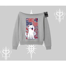 Smell Of Fresh Food Kedi Baskılı Kayık Yaka Sweatshirt