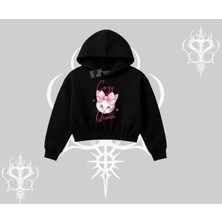 Cozy Queen Kedi Baskılı Kapşonlu Crop Sweatshirt