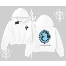 Çerçeveli Kedi Baskılı Kapşonlu Crop Sweatshirt