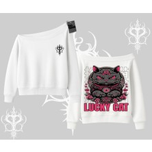 Lucky Cat Japon Tarzı Kedi Baskılı Kayık Yaka Sweatshirt