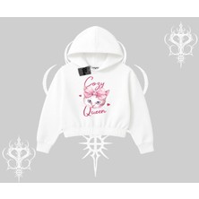 Cozy Queen Kedi Baskılı Kapşonlu Crop Sweatshirt