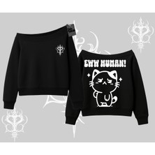 Sevimli Kedi Çizimli Arka Baskılı Kayık Yaka Sweatshirt