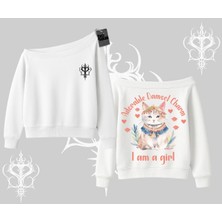 Cute Princess Kedi Tasarımlı Arka Baskılı Kayık Yaka Sweatshirt
