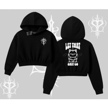 Meditasyon Yapan Kedi Baskılı Kapşonlu Crop Sweatshirt