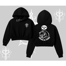 Not Lazy Saving My Spirit Kedi Baskılı Kapşonlu Crop Sweatshirt