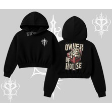 The Owner Of House Kedi Arka Baskılı Kapşonlu Crop Sweatshirt