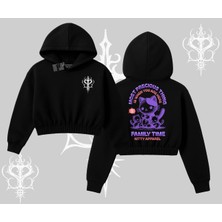 Family Time Yazılı Sevimli Anne Kedi Arka Baskılı Kapşonlu Crop Sweatshirt
