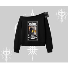 Wanted Temalı Kedi Baskılı Kayık Yaka Sweatshirt