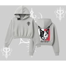 Modern Kedi Temalı Arka Baskılı Kapşonlu Crop Sweatshirt