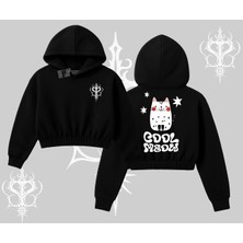 Cool Meow Yazılı Sevimli Kedi Arka Baskılı Kapşonlu Crop Sweatshirt