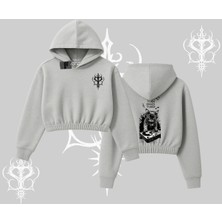 Dj Kedi Baskılı Müzik Temalı Kapşonlu Crop Sweatshirt