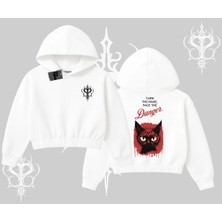 Gotik Kedi Arka Baskılı Kapşonlu Crop Sweatshirt