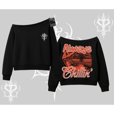Always Chillin Kedi Arka Baskılı Kayık Yaka Sweatshirt