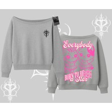 Born To Be A Star Yazılı Sevimli Kedi Arka Baskılı Kayık Yaka Sweatshirt
