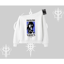 Kayık Yaka Sweatshirt Oversize Anime Kız Baskılı