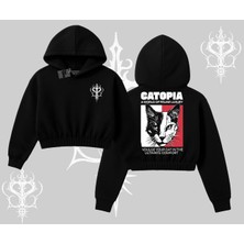 Modern Kedi Temalı Arka Baskılı Kapşonlu Crop Sweatshirt