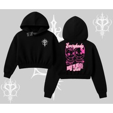 Born To Be A Star Yazılı Sevimli Kedi Arka Baskılı Kapşonlu Crop Sweatshirt