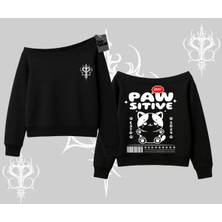 Paw Sitive Kedi Arka Baskılı Kayık Yaka Sweatshirt