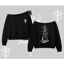 Dj Kedi Baskılı Müzik Temalı Kayık Yaka Sweatshirt