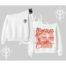 Always Chillin Kedi Arka Baskılı Kayık Yaka Sweatshirt