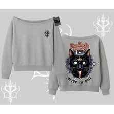 Gothic Cat Made In Hell Baskılı Sweatshirt Kayık Yaka Sweatshirt